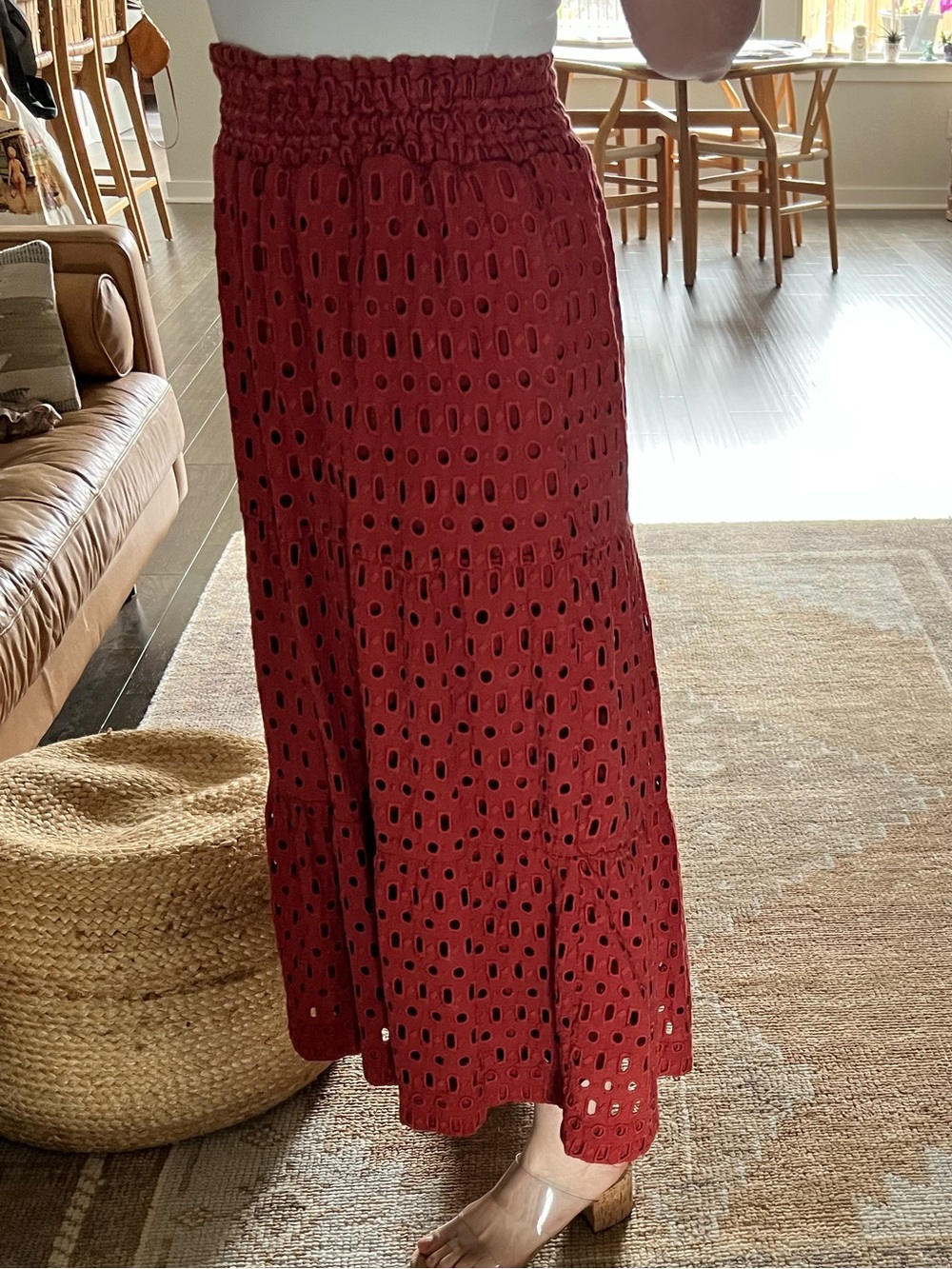 Anthropologie Rust Red Eyelet Midi Skirt with Ruffled Hem
